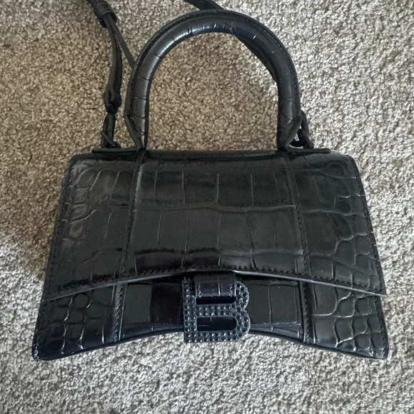 Balenciaga Mini hourglass Shiny Crystal Logo Croc Embossed Calfskin Bag Like new - Picture 8 of 8